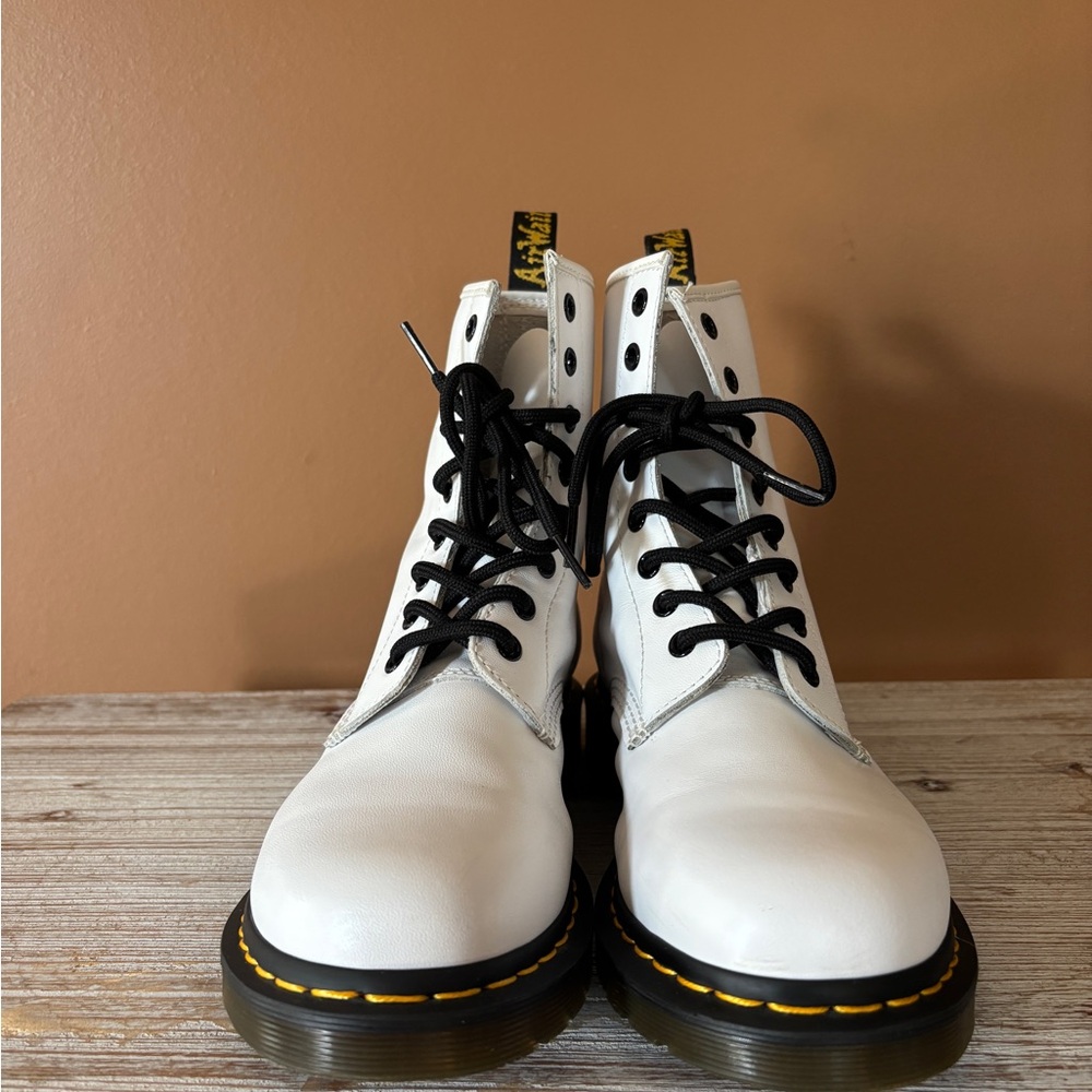 Dr. Martens White Leather Lace-Up Combat Boots with Black Laces